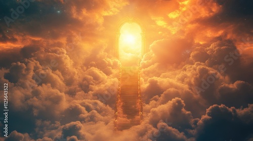 Golden Gates of heaven with sunshine in clouds. Stairway to heaven in glory, gates of Paradise, meeting God, symbol of Christianity. Gates of heaven coming out of the clouds, floating in the sky photo