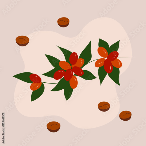 Coffee plant branch with red berries, green leaves and scattered roasted coffee beans on a beige background. Flat style vector illustration for coffee-themed designs.
