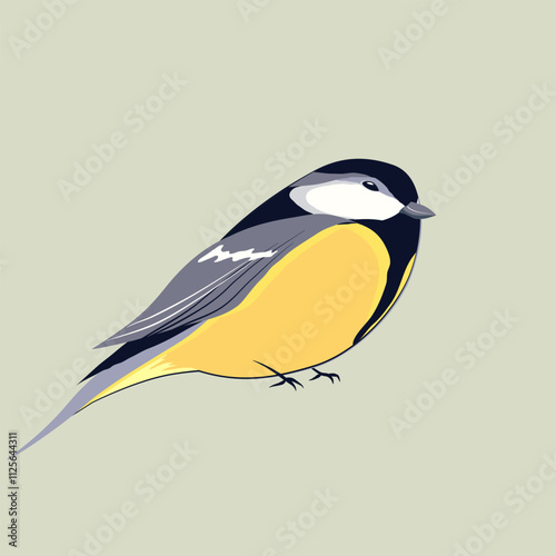 Cute gray titmouse with a yellow chest isolated on a soft pastel green background. Beautiful bird vector illustration for natural designs.
