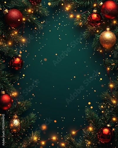 Top view of Christmas frame background with lights and branch