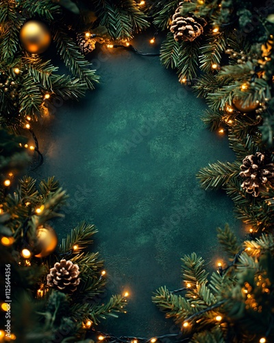 Top view of Christmas frame background with lights and branch