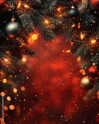 Top view of Christmas frame background with lights and branch