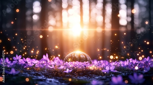 Fantastic fairy tale forest, sun and moon sharing sky over blooming flowers, twilight hues, vintage-inspired magic background