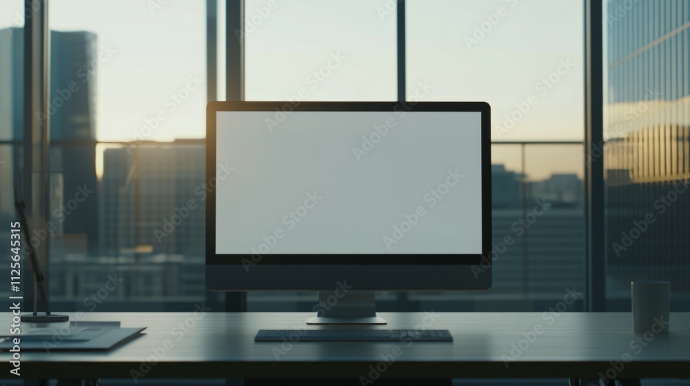 Fototapeta premium Modern Desktop Computer In Office City View