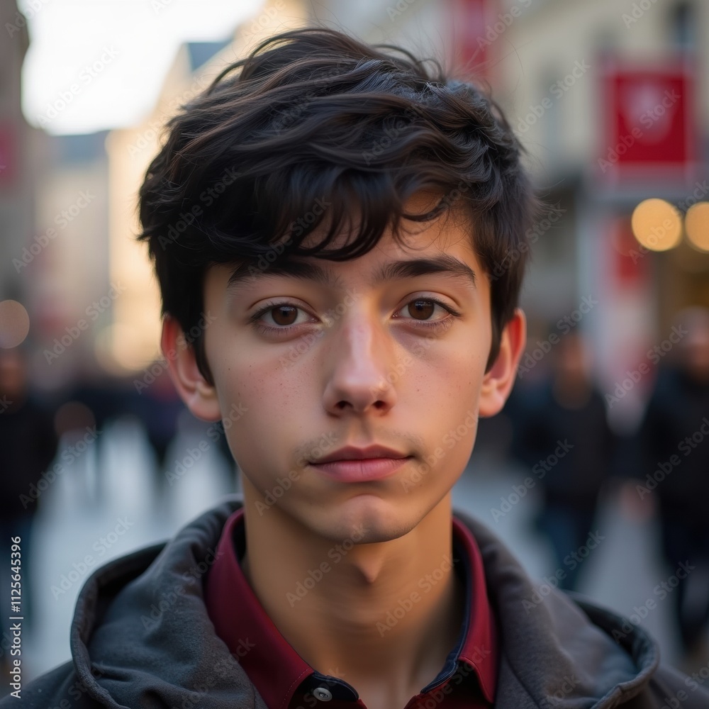 A young man with dark hair and expressive brown eyes, wearing a casual jacket and red shirt, standing in a bustling city street. Generative, AI. A young man with dark hair and expressive brown eyes, wearing a casual jacket and red shirt, standing in a bustling city street. Generative, AI.