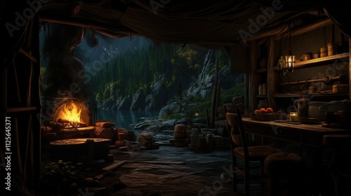 Rustic cabin interior with campfire, nighttime forest view.