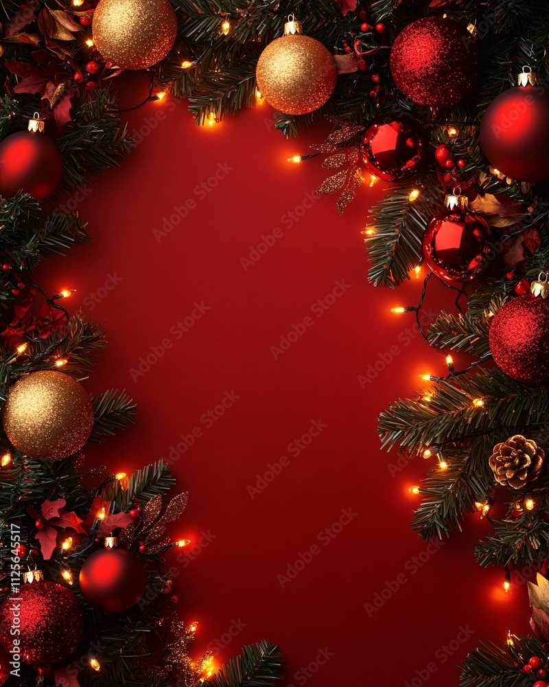 Red Christmas frame background with lights and branch