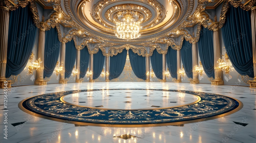 Obraz premium fantasy palace throne room, gold and black color scheme, exquisite blue drapery, intricate ceiling designs, royal interior, isolated on white background