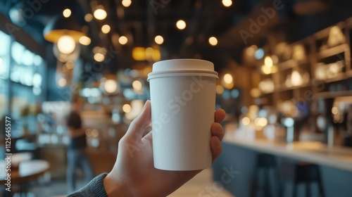 A hand holding a blank coffee cup in a cozy café setting with warm lighting.