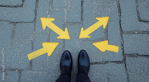 Four Yellow Arrows on Pavement, Decision Making Concept photo