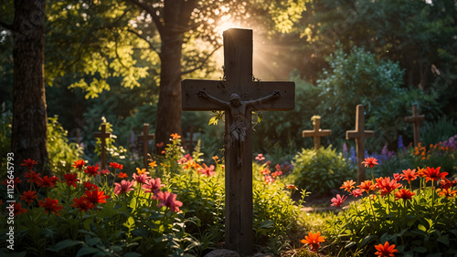 A cemetery in a lush forest and colorful flowers.  photo