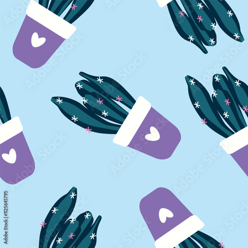 Seamless pattern with cactus in a pot, flat design