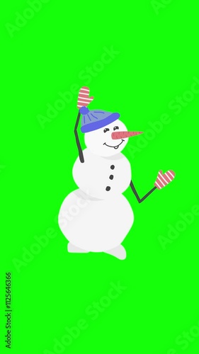 Cute Snowman in a Blue Hat with a Pompom and Red Mittens Is Dancing on a Green Background in Vertical 4K 2D Cartoon Animation Stock Video 