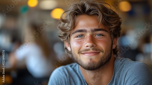 Cheerful Young Man Smiling in Casual Dining Atmosphere