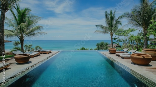 Gorgeous pool with palm trees and ocean view Thai decor