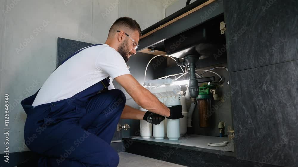 Plumber Installing Reverse Osmosis Filtration System Under Sink Plumber Installing Reverse Osmosis Filtration System Under Sink