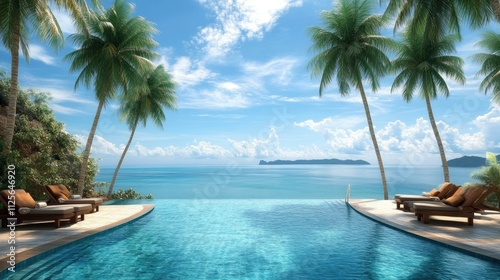 Gorgeous pool with palm trees and ocean view Thai decor