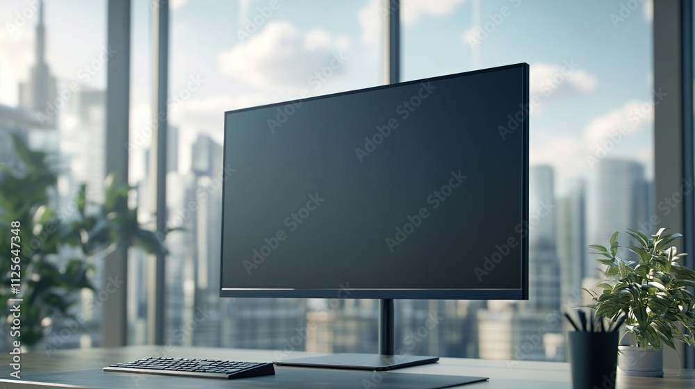 Modern Black Monitor on Desk Overlooking Cityscape