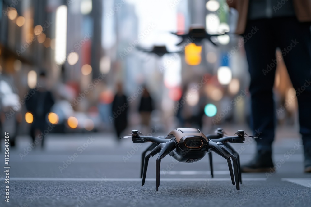 Fototapeta premium A high-tech drone hovers over a bustling city street, showcasing the intersection of technology and urban life, symbolizing modern connectivity and innovation.