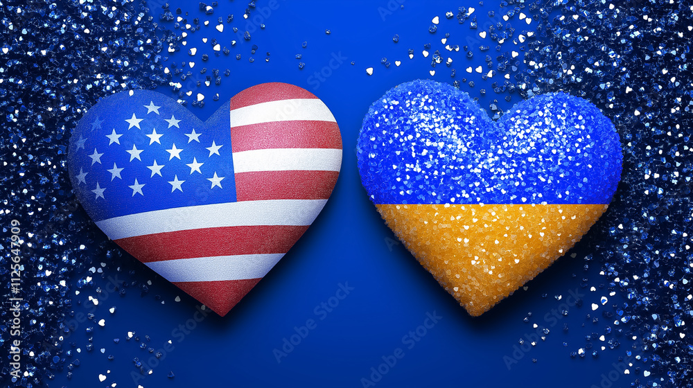 Fototapeta premium Two hearts, one with the USA flag and the other with the Ukraine flag, sit on a vibrant blue glitter backdrop