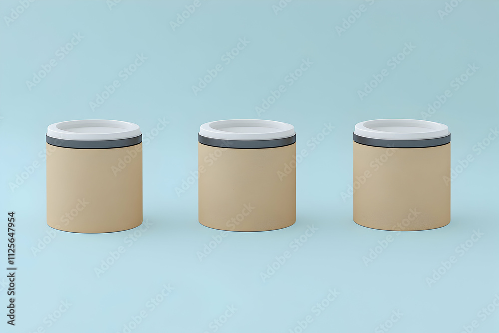 Three kraft paper containers with white and dark grey lids on a light blue background. Ideal for product mockup or branding design. Three kraft paper containers with white and dark grey lids on a light blue background. Ideal for product mockup or branding design.