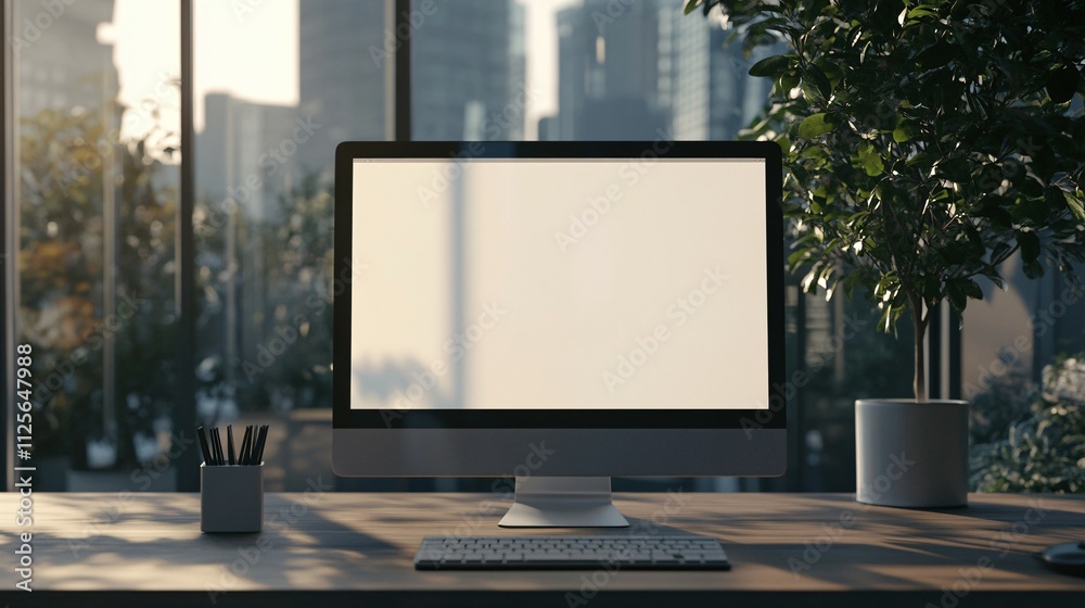 Modern Desktop Computer With Blank Screen In Office Setting Modern Desktop Computer With Blank Screen In Office Setting