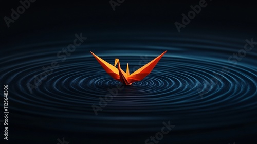 Orange origami crane floating on dark blue water