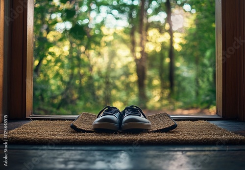 Serene Forest View, Sneakers on Doormat, Nature Escape photo