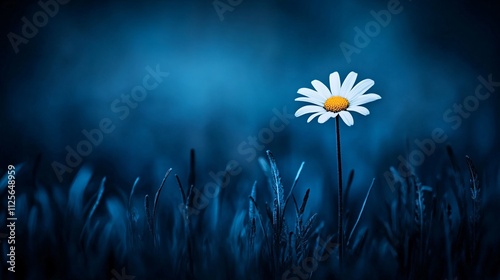 Single daisy flower in dark blue grass