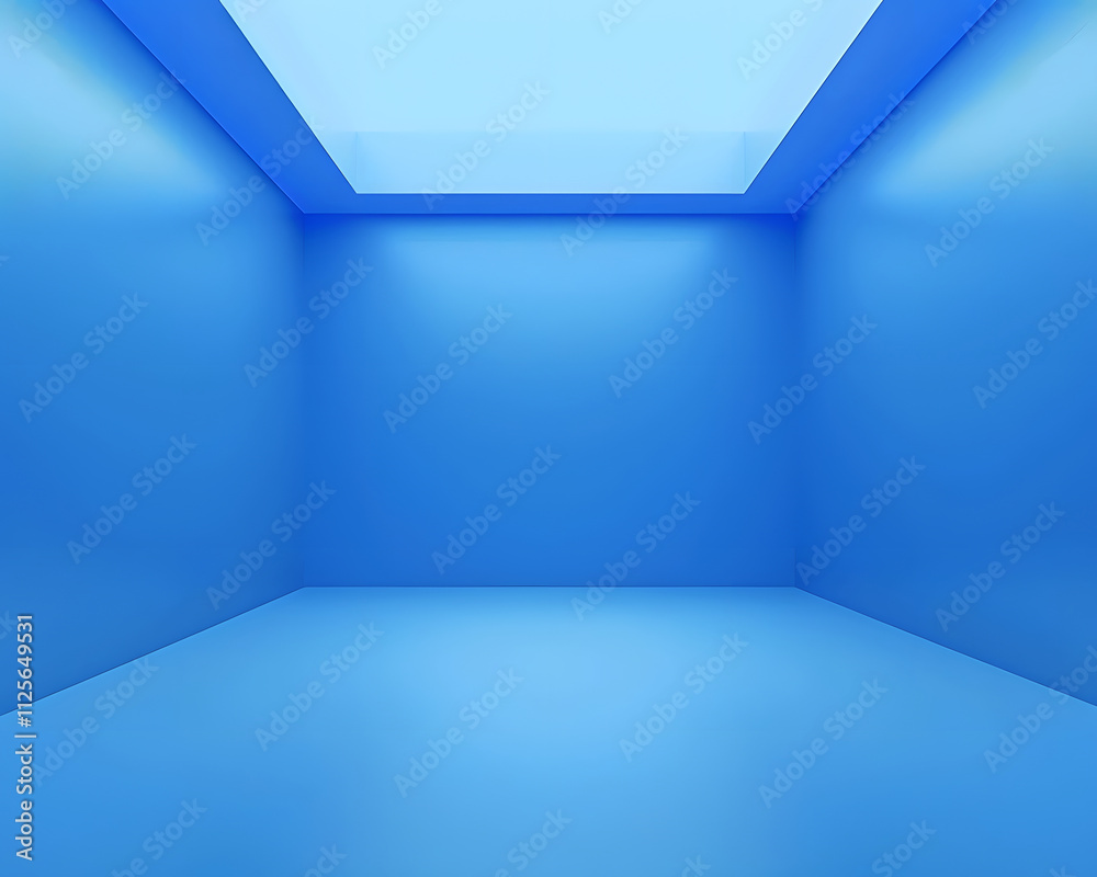 A minimalist blue room with soft lighting and a skylight, creating a serene atmosphere. A minimalist blue room with soft lighting and a skylight, creating a serene atmosphere.
