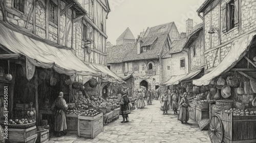 Graphite drawing of a market in a medieval village.