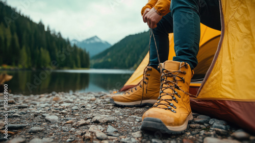 Shoreline and Camping, A person sits near a tent by a serene lake, wearing rugged hiking boots, surrounded by lush trees and mountains under a cloudy sky.