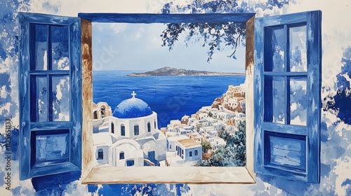 Greece blue and white painting of a window with a view of a small town and a church.