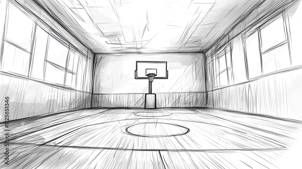Fototapeta premium Sketch of an Empty Basketball Court Interior