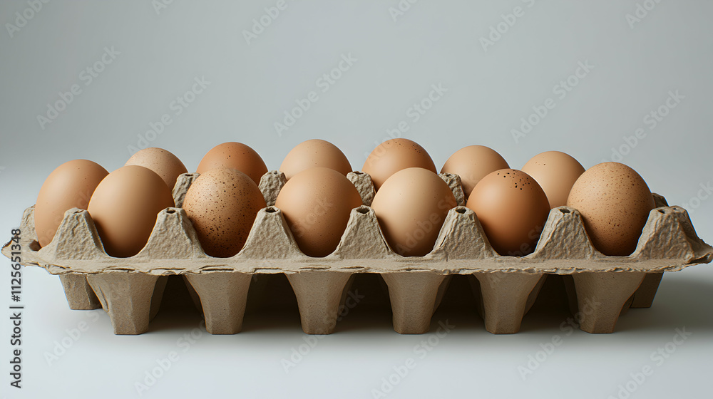 A dozen brown eggs nestled in a cardboard egg carton, ready for use in cooking or baking. The eggs are beautifully lit against a neutral backdrop. A dozen brown eggs nestled in a cardboard egg carton, ready for use in cooking or baking. The eggs are beautifully lit against a neutral backdrop.