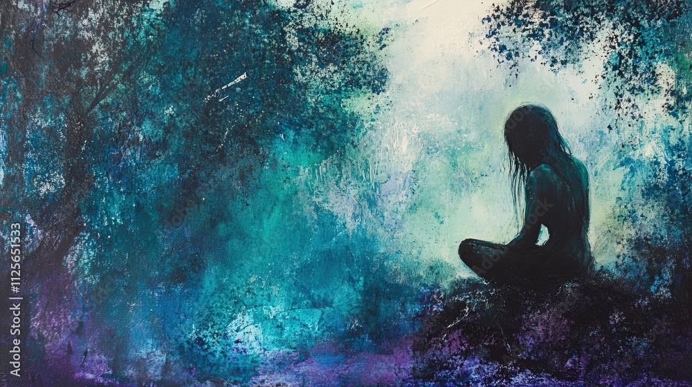 A mixed media artwork depicting solitude and depression. High contrast, low-key lighting is used with cool blues, greens and purples to create a dramatic piece A mixed media artwork depicting solitude and depression. High contrast, low-key lighting is used with cool blues, greens and purples to create a dramatic piece