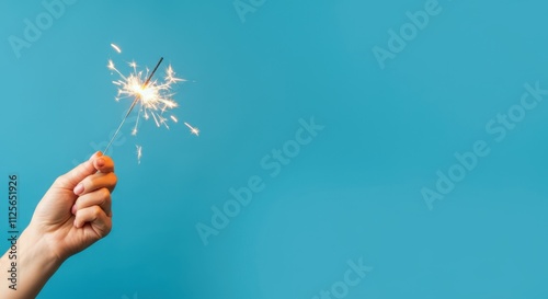 Hand holding lit sparkler against bright blue background