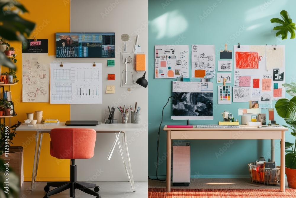 Two distinct workspaces are displayed side by side, one minimalist in style with clean lines, the other overflowing with vibrant artistic inspiration. Generative AI