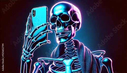 Glowing neon skeleton holding smartphone against dark background