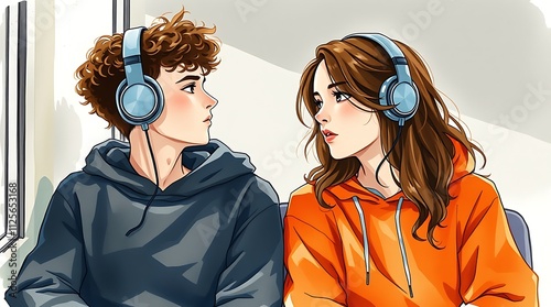 two friends, a Hispanic man and an Asian woman, sharing headphones while sitting in a tram. A historic town is visible through the window, evoking nostalgia and connection