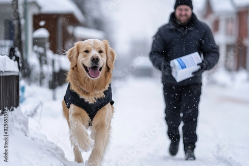 A joyful golden retriever plays in the snow, displaying happiness and energy as a deliverer walks behind them, showcasing companionship and winter cheer. photo