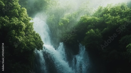 Misty Waterfall in Lush Green Forest: A Serene Escape