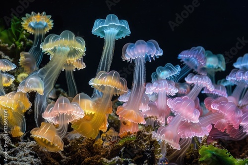 vibrant cluster of glowing, jelly-like sea creatures illuminates the dark ocean floor photo