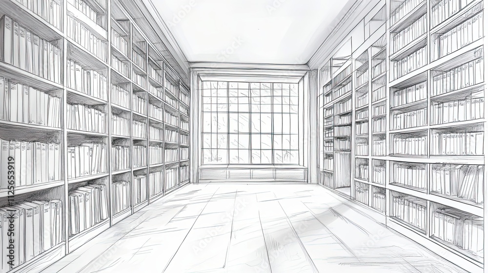 Fototapeta premium Sketch of a Spacious Library with Bookshelves and a Window