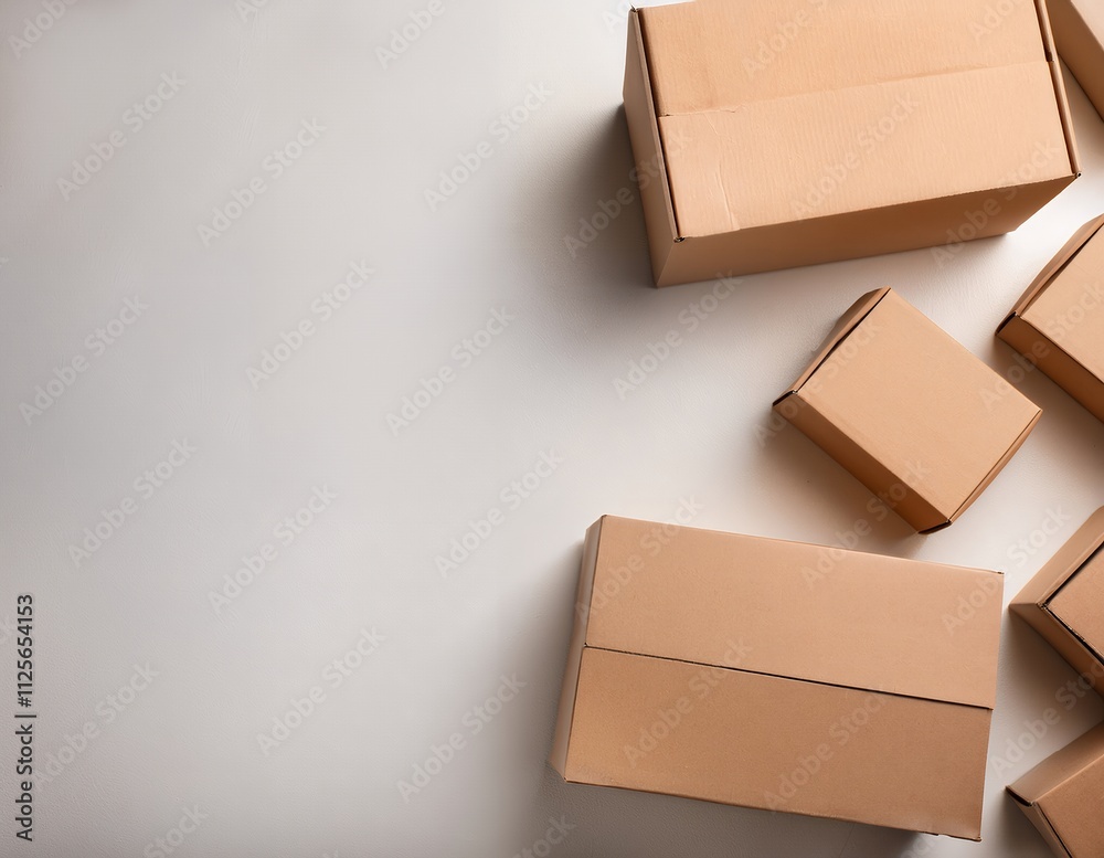 Several cardboard boxes arranged on a white background. Concept of shipping, delivery, and online shopping. Several cardboard boxes arranged on a white background. Concept of shipping, delivery, and online shopping.