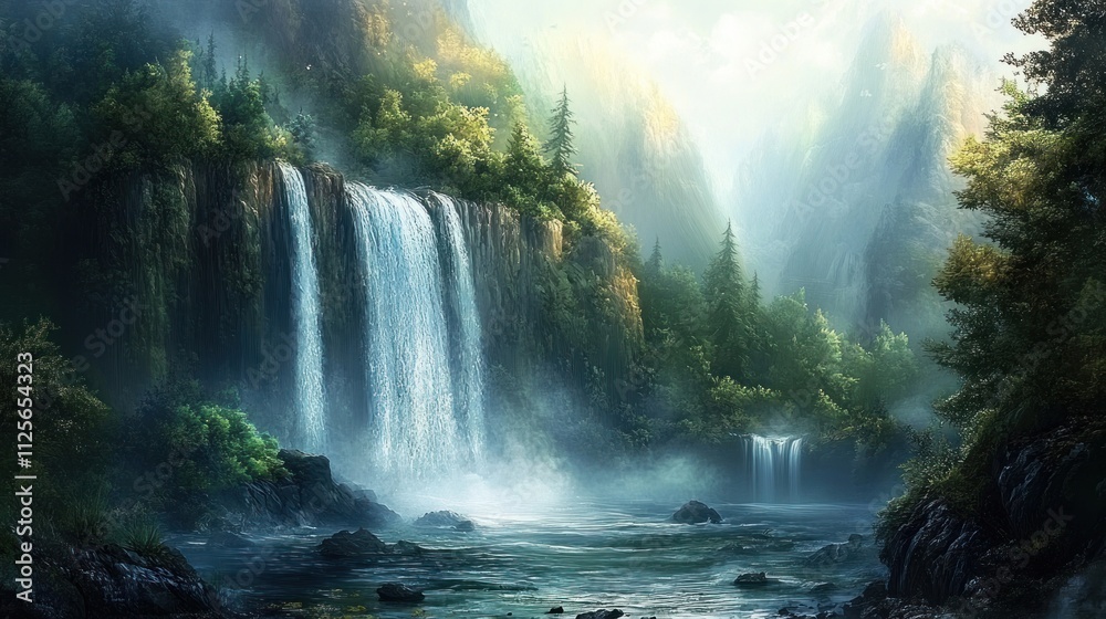 Enchanted Waterfall in Misty Mountain Valley: A Serene Digital Painting Enchanted Waterfall in Misty Mountain Valley: A Serene Digital Painting