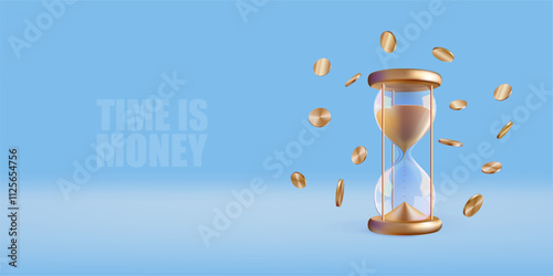 Golden hourglass and coins 3d banner template. Time money budget concept on blue background. Sand flow in clock glass bulb. Vector transparent sandglass countdown. Abstract realistic gold deadline.