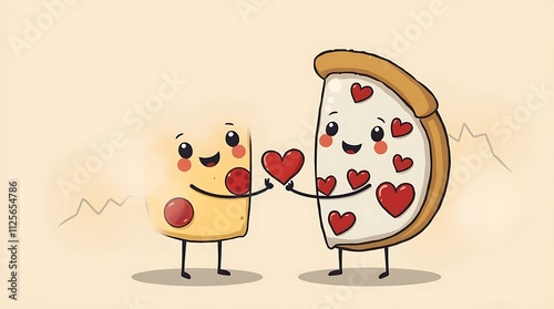 Two cartoon slices of pizza, each with a heart-shaped topping, are depicted as lovers in a fun and playful Valentine's Day pizzeria concept. The scene radiates love, humor, and deliciousness