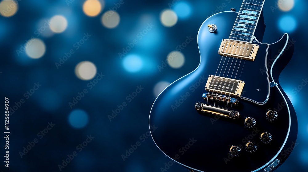 Naklejka premium Electric guitar illuminated by spotlights on dark blue background