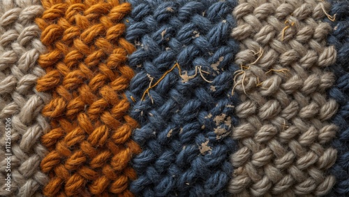 Highly Detailed Worn Woolen Blanket Texture, Indigo, Ochre, Hand-Stitched